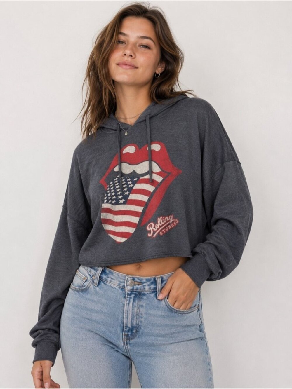 AEO Rolling Stones USA Flag Tongue Cropped Hoodie Sweatshirt Gray Womens XXL